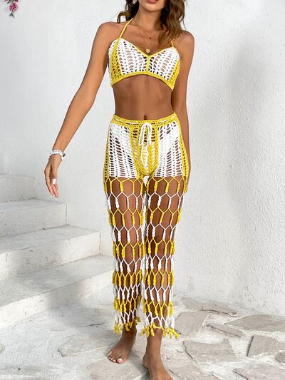 Cutout Halter Neck Top and Pants Two-Piece Swim SetFeatures: Cutout
Number of pieces: Two-piece
Chest pad: No padding
Underwire: No underwire
Stretch: Stretchy
Material composition: 100% acrylic
Care instructions: MaCutout Halter Neck TopCutout Halter Neck Top