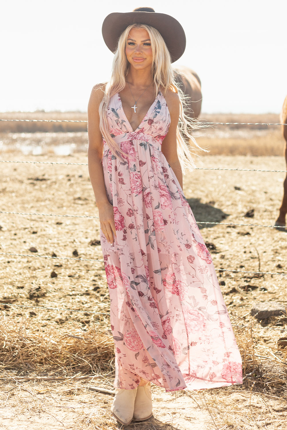 Romantic Pink Floral Maxi Dress: Pleated Bust, Deep V Neck, Empire Waist, and Backless Design