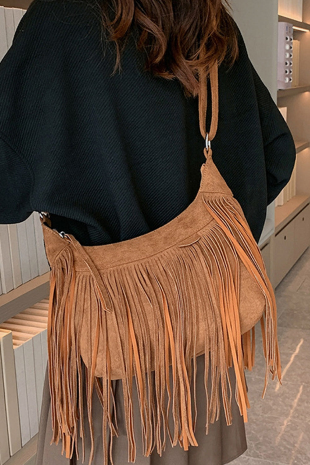 Suede Fringe Adjustable Strap Shoulder BagBag size: Small
Material: Suede
Imported
Product measurements:
Length 9.8 in, Width 3.1 in, Height 7.1 in, Weight 15.9 ozbag strapbag strap