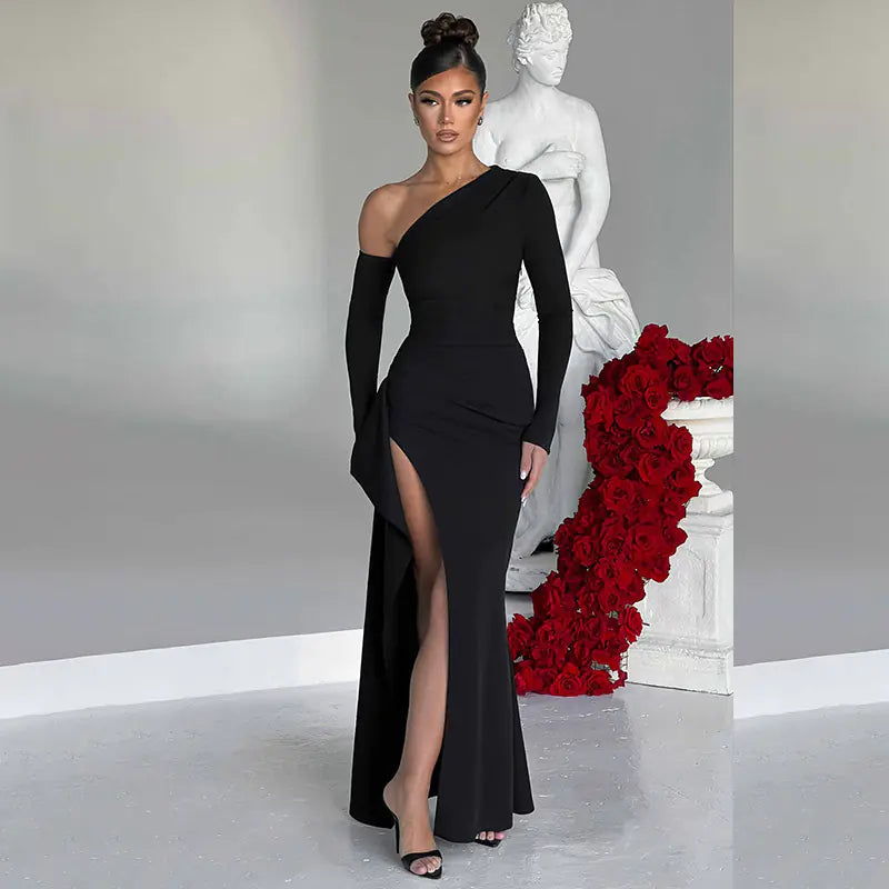 Slant Off-Shoulder High-Slit Evening DressIndulge in luxury and grace with our Slant Off-Shoulder High-Slit Evening Dress. The elegant slant neckline and daring high-slit create a striking silhouette, while SlantSlant