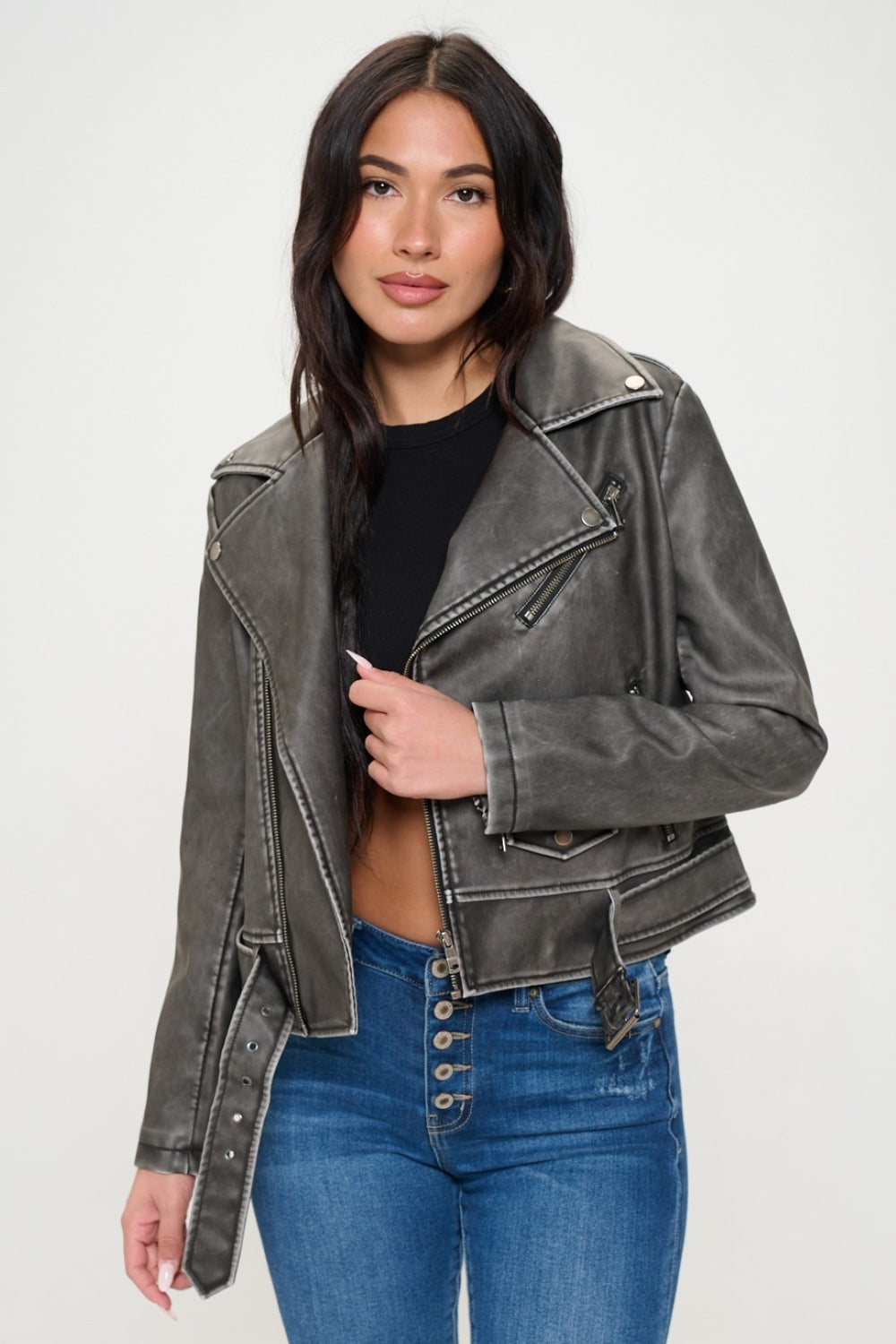 Coalition LA Zip Up Biker Jacket with BeltThis zip-up biker jacket features a stylish design with a notched lapel and a belt for a trendy look. The asymmetrical zipper adds an edgy touch to the jacket. Two zCoalition LA ZipCoalition LA Zip