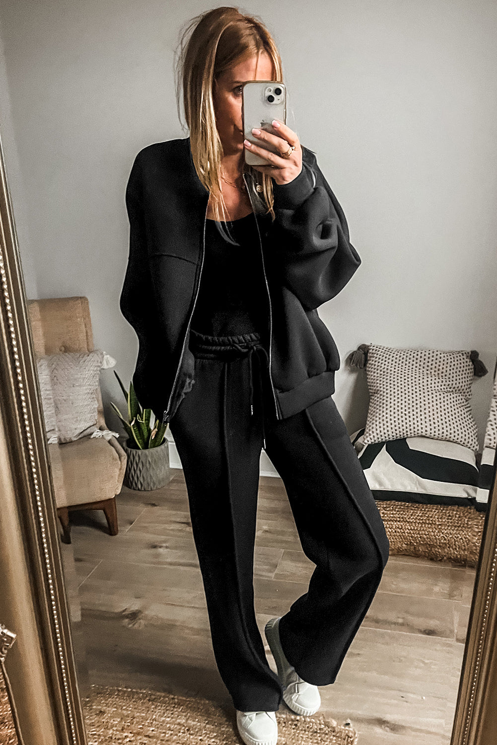 Black Solid Seamed Zipper Jacket and Drawstring Waist Pants SetSize Chart (INCH)



Sizes



US Sizes



Euro Sizes



UK Sizes



Bust



Hem Width



Shoulder



Sleeve Length



Length



Trousers Waist



Hip



Bottoms



IBlack Solid Seamed Zipper JacketTwo Piece Sets/Pant SetsBlack Solid Seamed Zipper Jacket