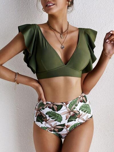 Ruffled Printed V-Neck Two-Piece Swim SetTip: bust measurement is the lower bust measurement
Features: Ruffled
Number of pieces: Two-piece
Chest pad: Removable padding
Underwire: No underwire
Stretch: Sligh-Piece Swim Set-Piece Swim Set