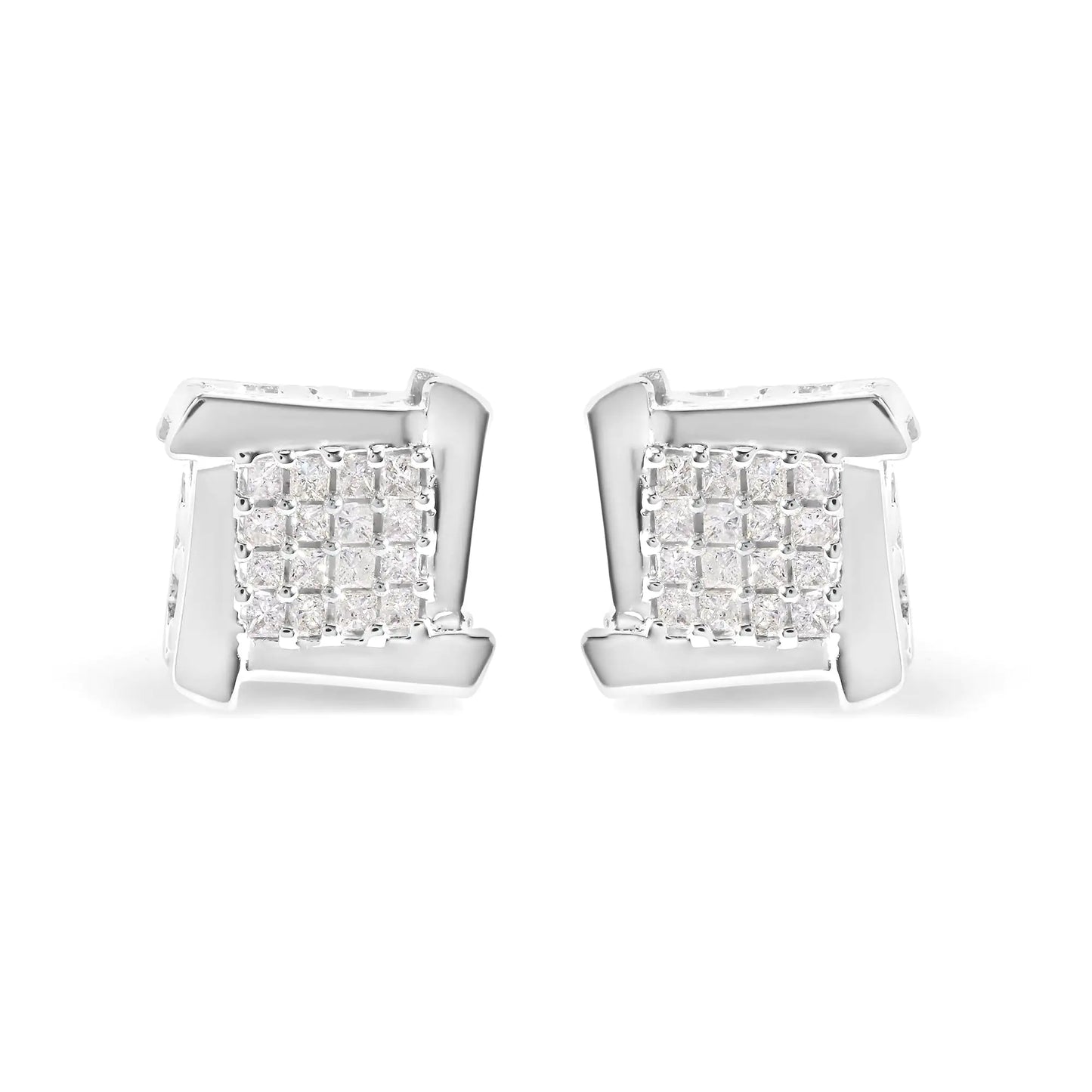 10K white gold diamond composite stud earrings with square and swirl design.