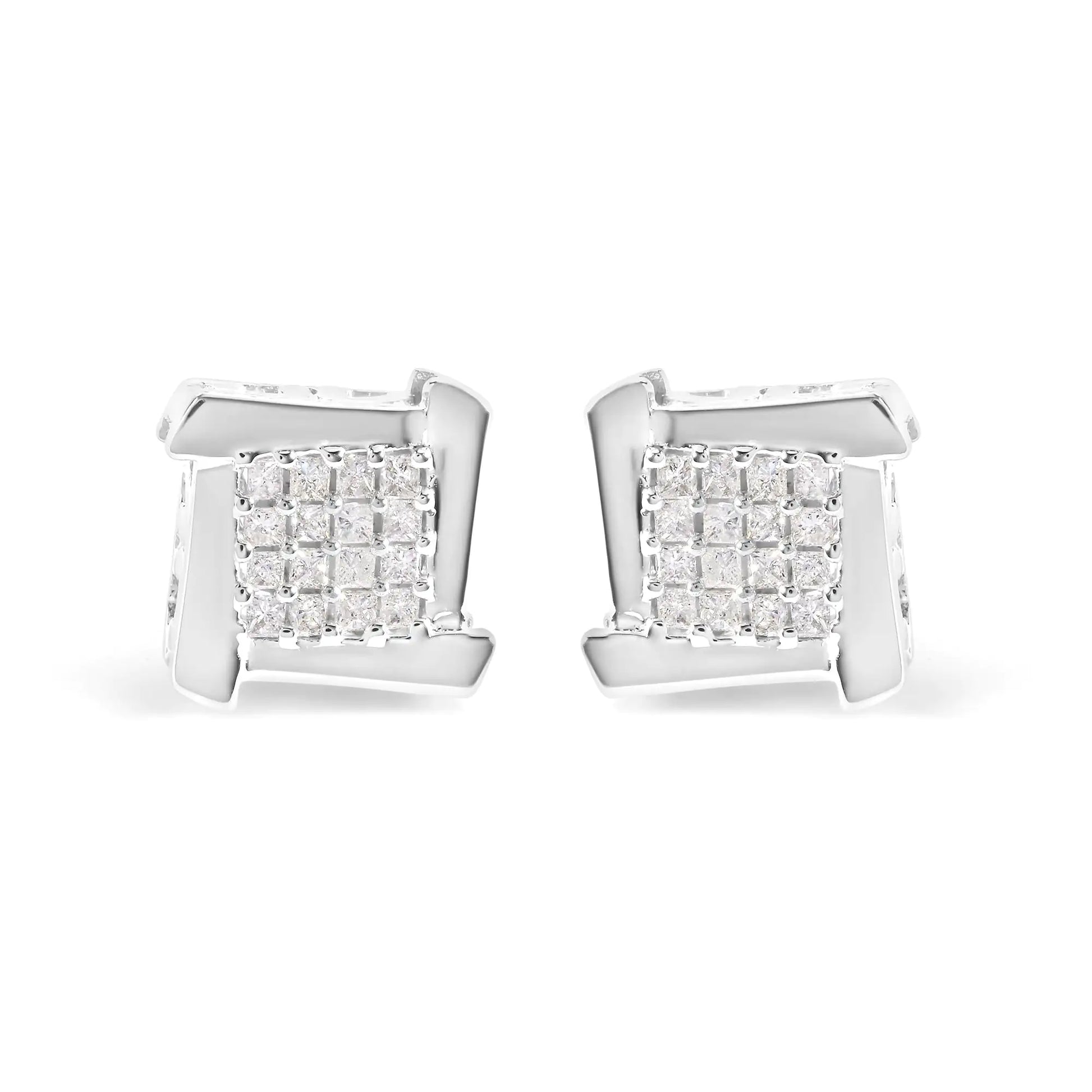 10K white gold diamond composite stud earrings with square and swirl design.