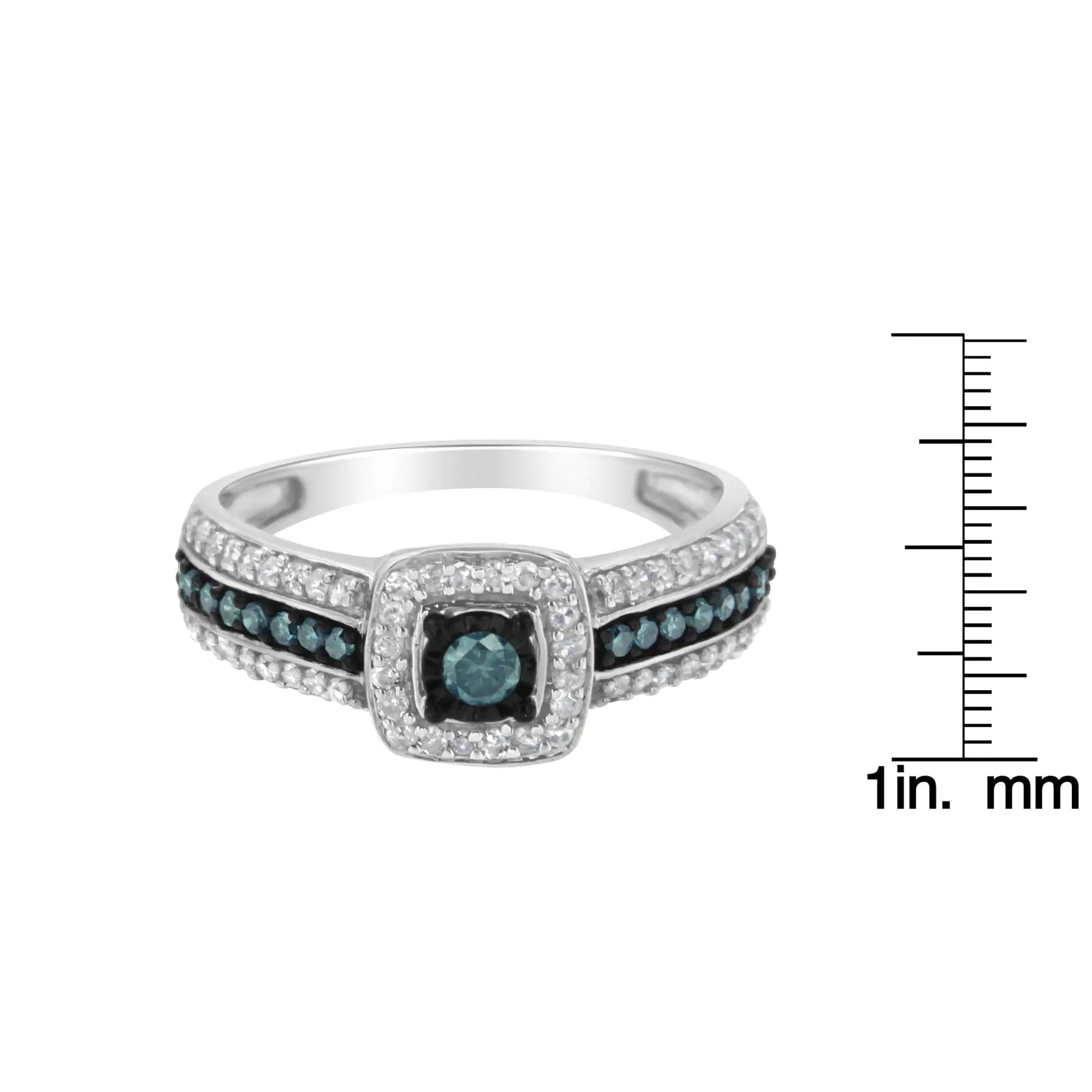 Treated Blue Diamond Halo Ring with White Diamonds in Sterling Silver – 0.5 CTW