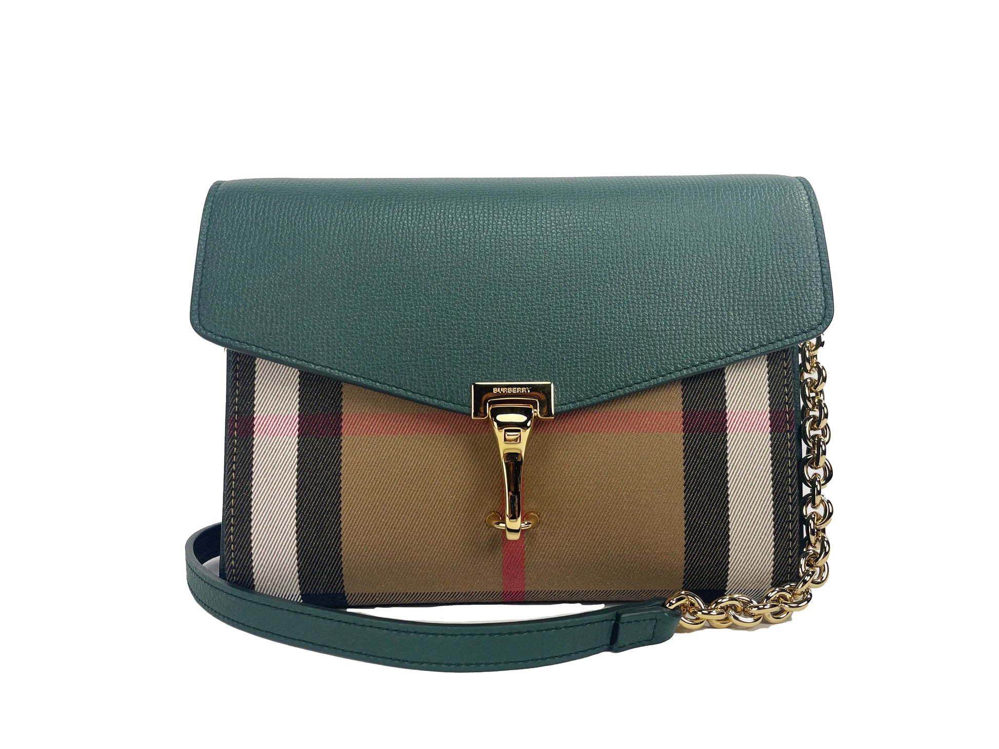 Burberry Small Macken Crossbody BagStyle: Burberry Small Macken Vintage Green Bag  
Material: Canvas / Leather 
Features: Check Print, Gold hardware, Vintage Green, Interior Zip Pocket 
Measures:  7" Burberry Small Macken Crossbody BagBurberry Small Macken Crossbody Bag