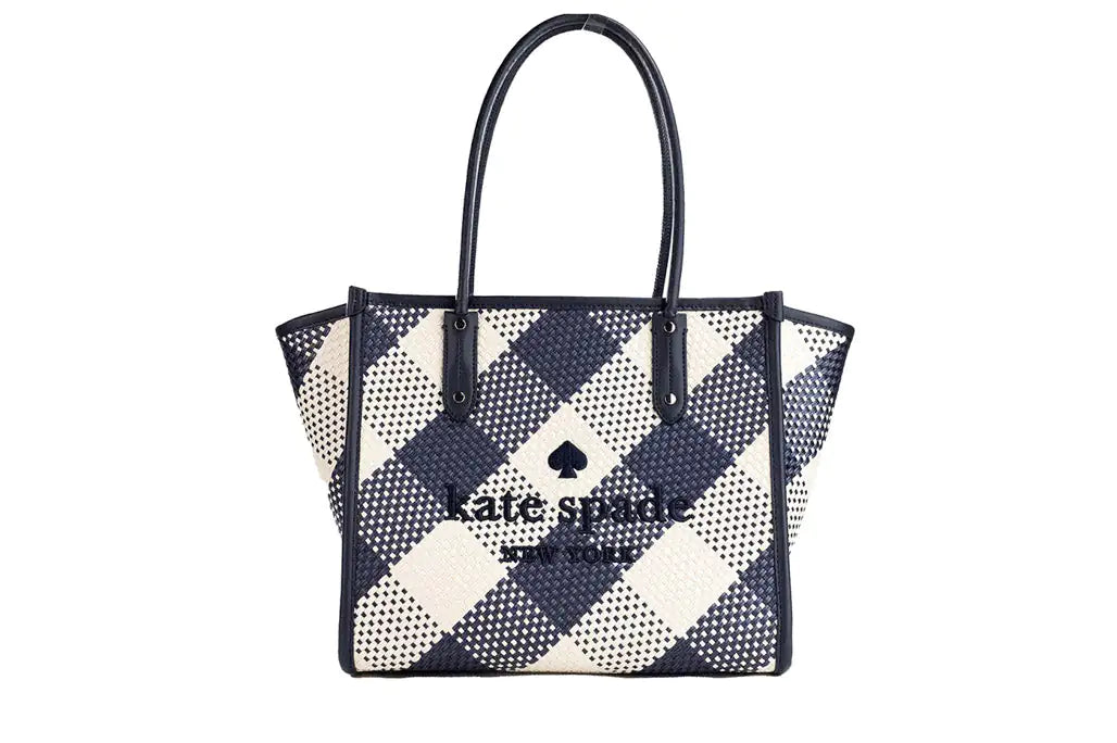 Kate Spade Ella Gingham Blazer Blue Oversized Straw Tote – Bold and Stylish