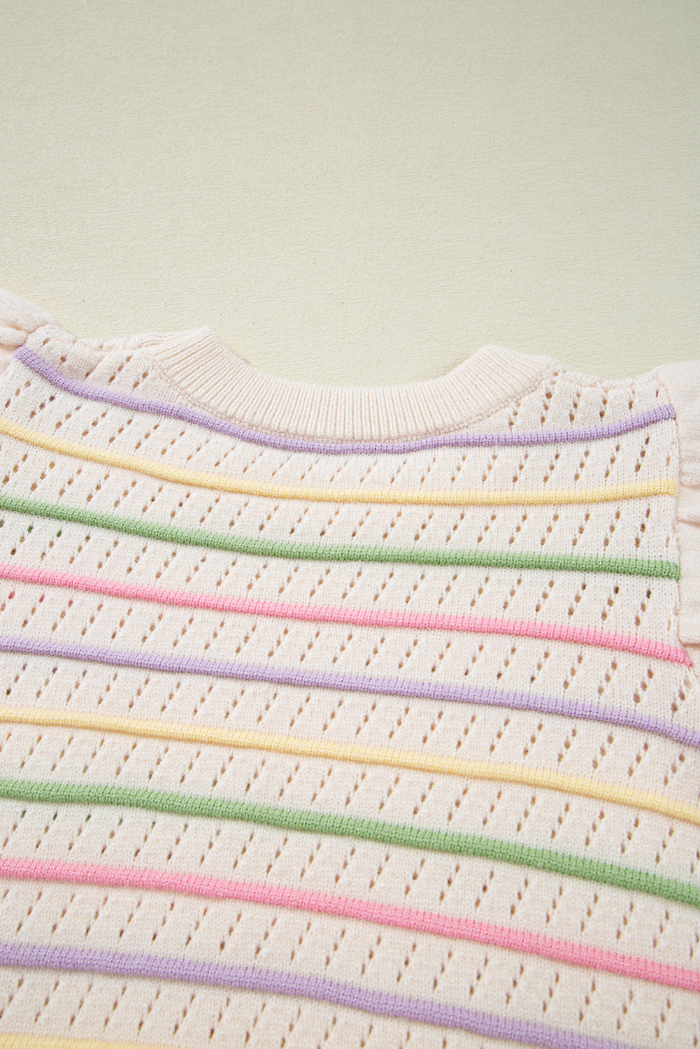 Oatmeal Colorful Striped Eyelet Knit Ruffled Sleeve Sweater T ShirtStay stylish and cozy with this Oatmeal Colorful Striped Eyelet Knit Ruffled Sleeve Sweater T-Shirt. ✨ Featuring vibrant stripes and intricate eyelet knit details, tOatmeal Colorful Striped Eyelet Knit Ruffled Sleeve SweaterSweaters & Cardigans/Short Sleeve SweatersOatmeal Colorful Striped Eyelet Knit Ruffled Sleeve Sweater