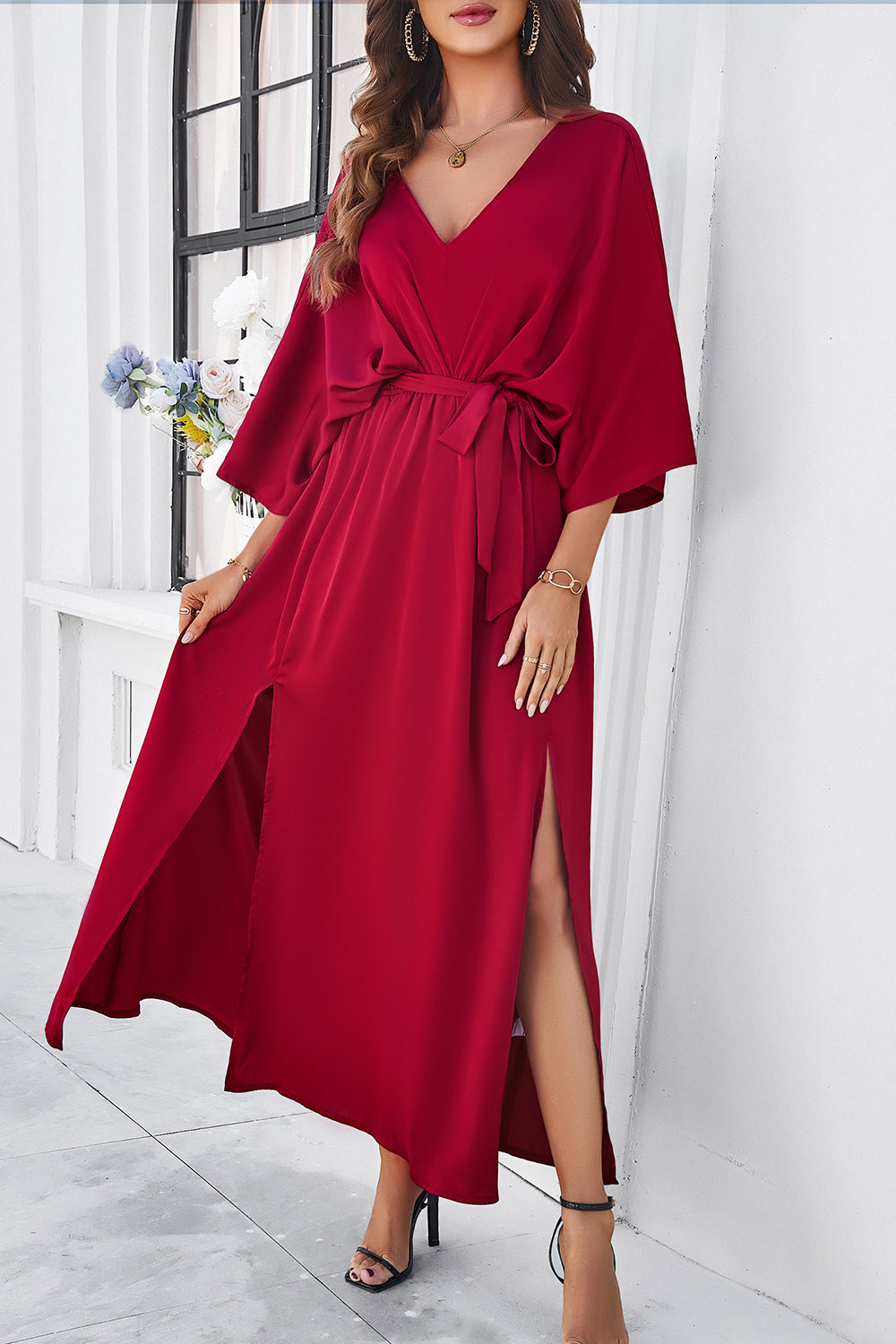 Devine Slit Tied V-Neck Three-Quarter Sleeve DressFeatures: Tied, Slit
Sheer: Opaque
Stretch: Slightly stretchy
Body: Not lined
Material composition: 100% polyester
Care instructions: Machine wash cold. Tumble dry lDevine Slit TiedDressesDevine Slit Tied