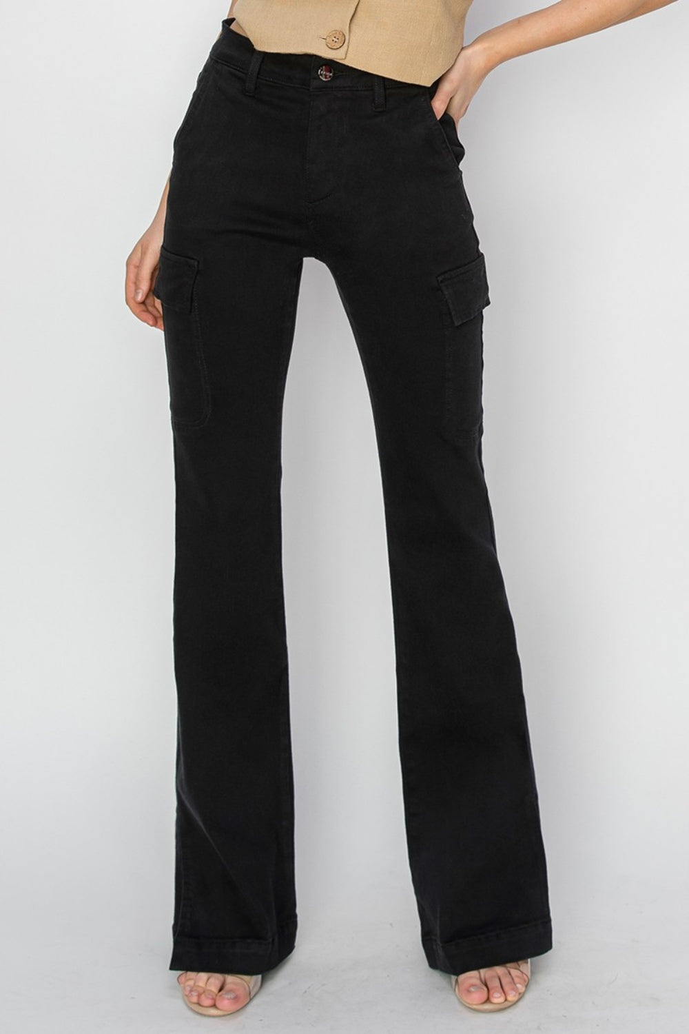 RISEN Full Size High Rise Side Slit Cargo Bootcut JeansElevate your denim game with these high-rise side slit cargo bootcut jeans. The unique design features a flattering high waist and a trendy bootcut leg silhouette. TRISEN Full Size High Rise Side Slit Cargo Bootcut JeansRISEN Full Size High Rise Side Slit Cargo Bootcut Jeans