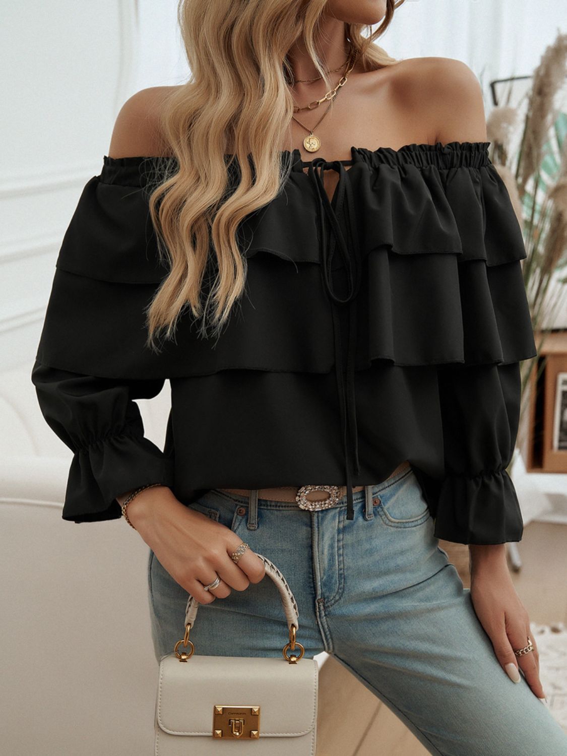 Devine Off-Shoulder Flounce Sleeve BlouseFeatures: Drawstring, Ruffled
Sheer: Opaque
Stretch: No stretch
Material composition: 100% polyester
Care instructions: Machine wash cold. Tumble dry low.
Imported
P-Shoulder Flounce Sleeve BlouseTee Shirt-Shoulder Flounce Sleeve Blouse