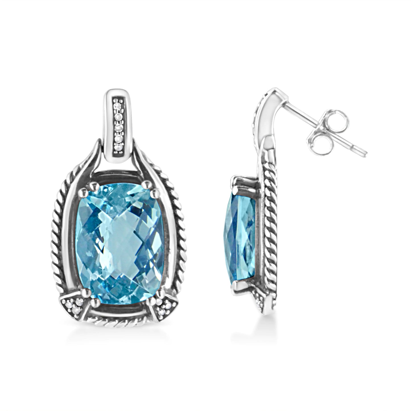 Sterling Silver Cushion Cut Blue Topaz Gemstone and Diamond Accent DanThese mesmeric blue topaz and diamond earrings is a sweet illumination for her ears. Styled in luminous sterling silver these ravishing earrings is jeweled with a laSterling Silver Cushion Cut Blue Topaz GemstoneEarringsSterling Silver Cushion Cut Blue Topaz Gemstone