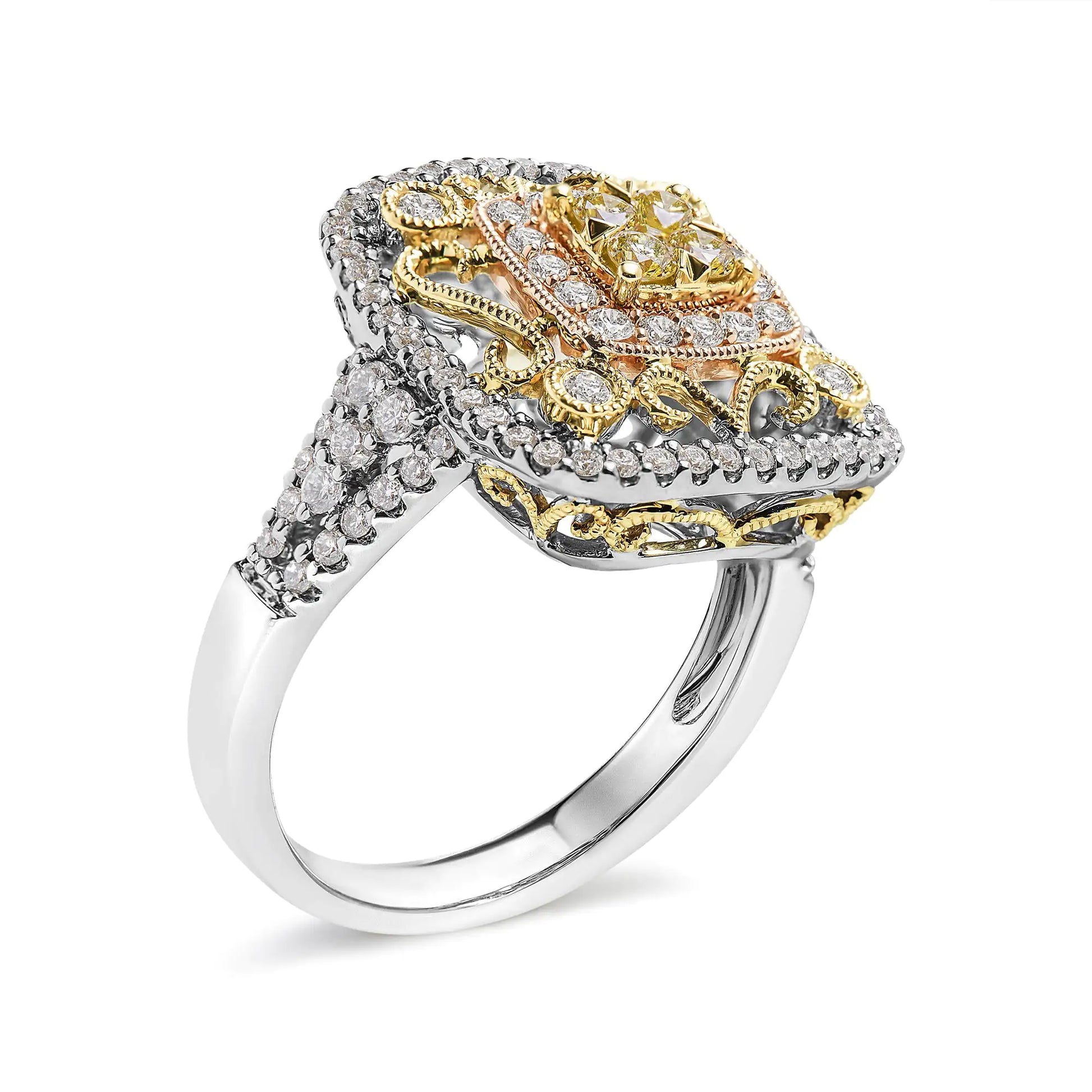 14K Tri-Toned Gold 1.00 Cttw Yellow Diamond Halo and Milgrain CocktailIntroducing a dazzling masterpiece, this 14K Tri-Toned Gold Cocktail Cluster Ring is a breathtaking piece that will leave you spellbound. Crafted with love from 14K 14K Tri-Toned Gold 114K Tri-Toned Gold 1