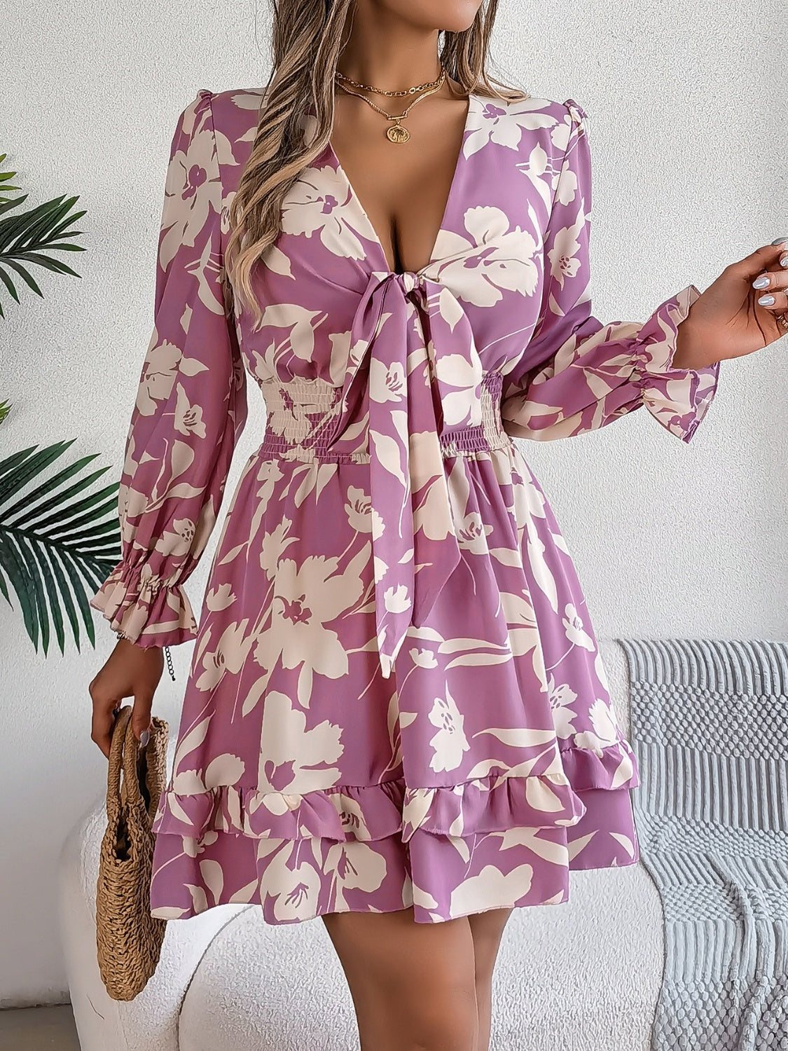 Tied Ruffled Printed Long Sleeve DressFeatures: Ruffled, Tied
Sheer: Opaque
Stretch: No stretch
Body: Not lined
Material composition: 100% polyester
Care instructions: Machine wash cold. Tumble dry low.
Tied Ruffled Printed Long Sleeve DressTied Ruffled Printed Long Sleeve Dress