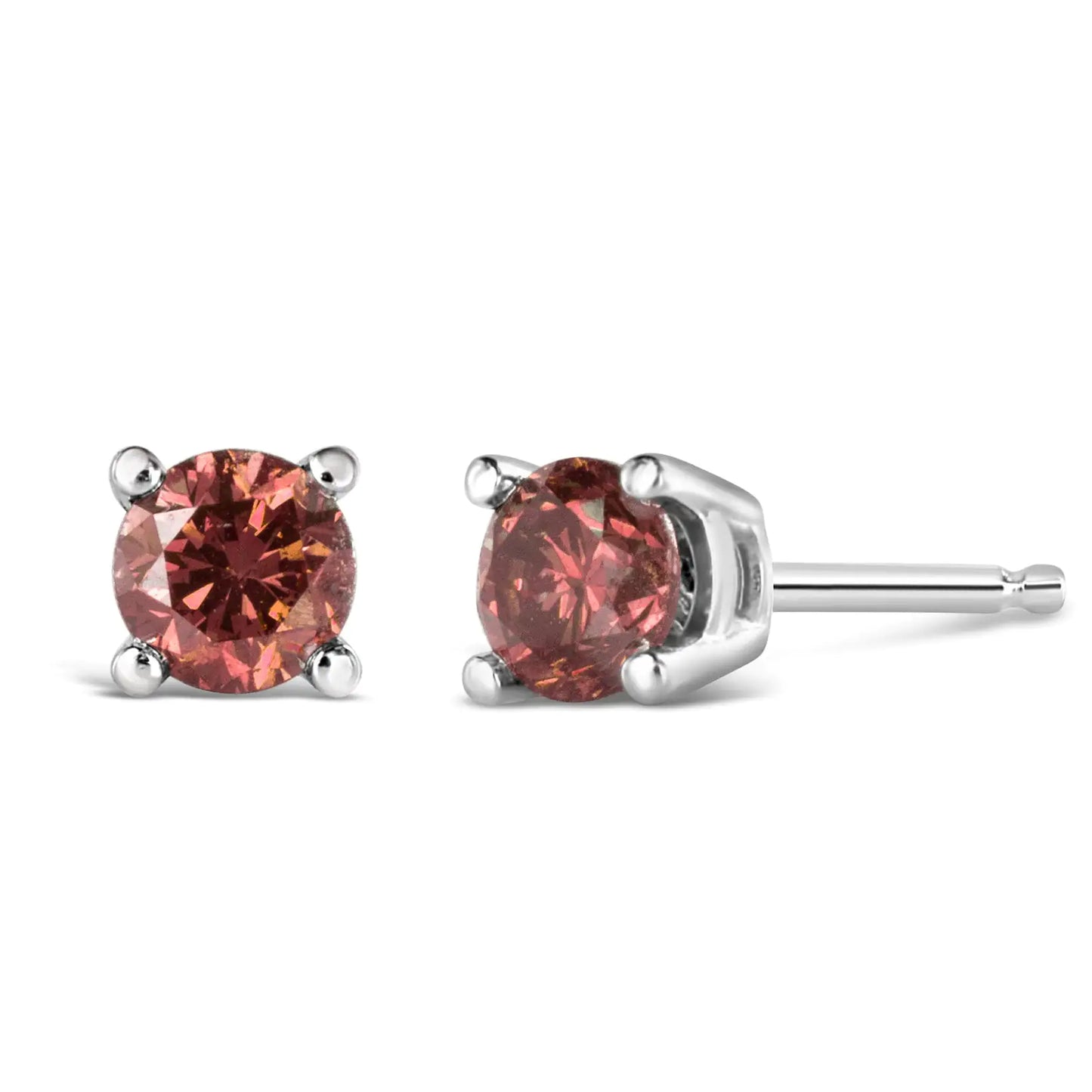 10K white gold pink diamond solitaire stud earrings, lab-created, brilliant cut, 4-prong setting.