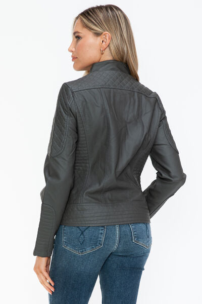 Snobbish Faux Leather Zip Up Mock Neck JacketThe Faux Leather Zip Up Mock Neck Jacket is a sleek and versatile outerwear piece. Made from durable faux leather, this jacket features a stylish mock neck design anSnobbish Faux Leather ZipSnobbish Faux Leather Zip