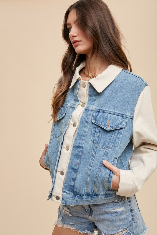 Annie Wear Collared Neck Double Placket Denim JacketThe Collared Neck Double Placket Denim Jacket is a modern and versatile outerwear piece that combines classic denim with stylish details. The jacket features a tradiAnnie Wear Collared Neck Double Placket Denim JacketCoatsAnnie Wear Collared Neck Double Placket Denim Jacket