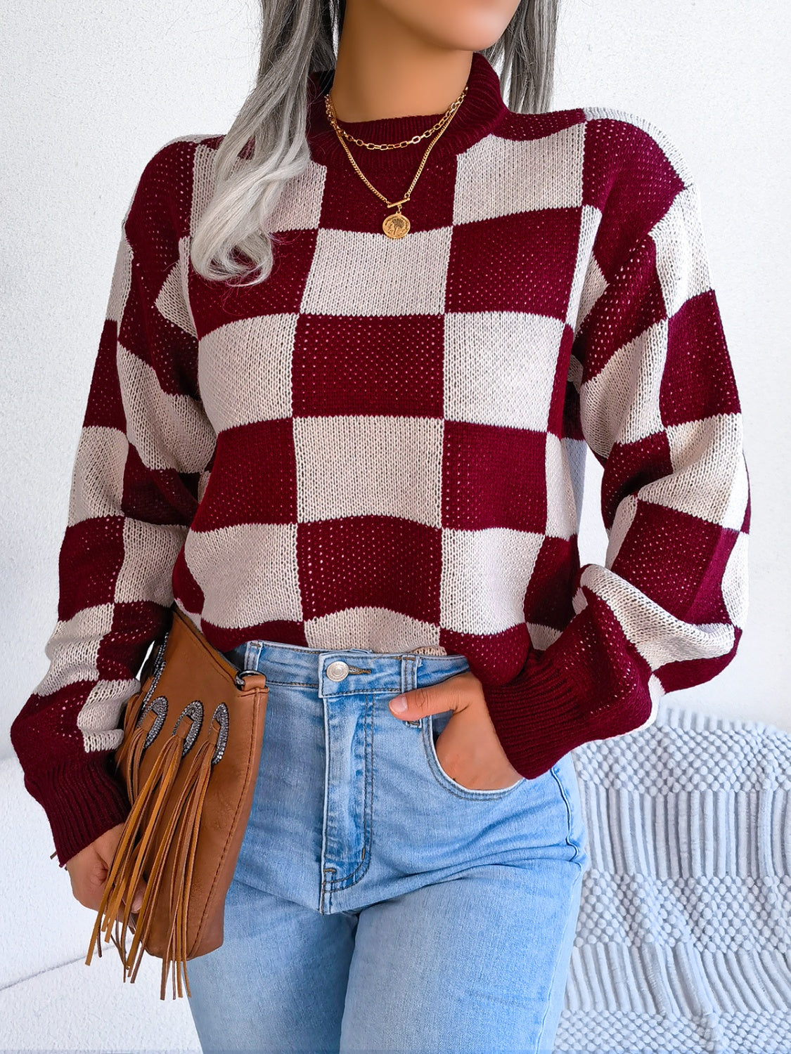 Checkered Mock Neck Long Sleeve SweaterFeatures: Basic style
Stretch: No stretch
Material composition: 100% acrylic
Care instructions: Machine wash cold. Tumble dry low.
Imported
Product Measurements (MeaCheckered Mock Neck Long Sleeve SweaterCheckered Mock Neck Long Sleeve Sweater