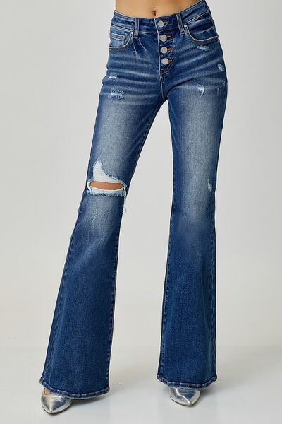 RISEN Distressed Button-Fly Flare JeansThe leg of these jeans presents a popular flared pants design, giving you more charm and personality when wearing them. Whether paired with a shirt, t-shirt or top, RISEN Distressed Button-Fly Flare JeansRISEN Distressed Button-Fly Flare Jeans