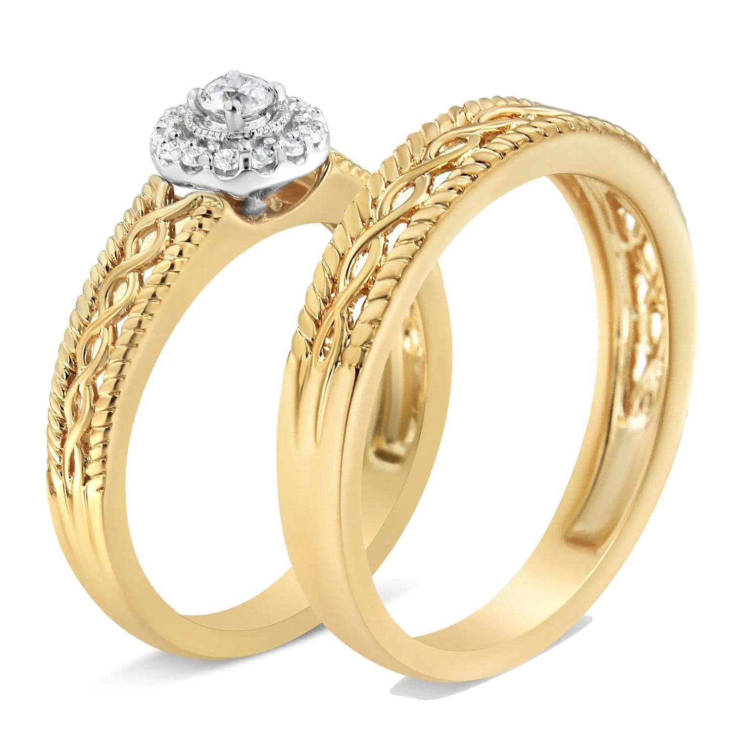 14K Yellow Gold Plated .925 Sterling Silver 1/5 Cttw Diamond Halo EngaCelebrate eternal love with this exquisite engagement ring and wedding band set, masterfully crafted in 14K yellow gold-plated .925 sterling silver. The ensemble fea14K Yellow Gold Plated14K Yellow Gold Plated