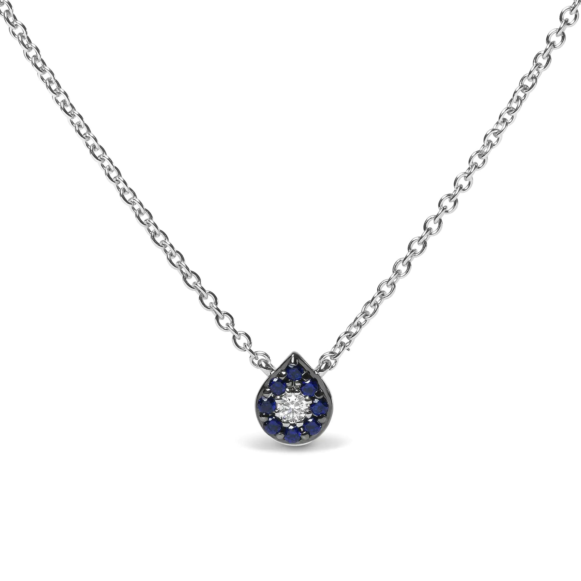 Exquisite 18K White Gold Pendant Necklace with Diamond and Blue Sapphire Halo