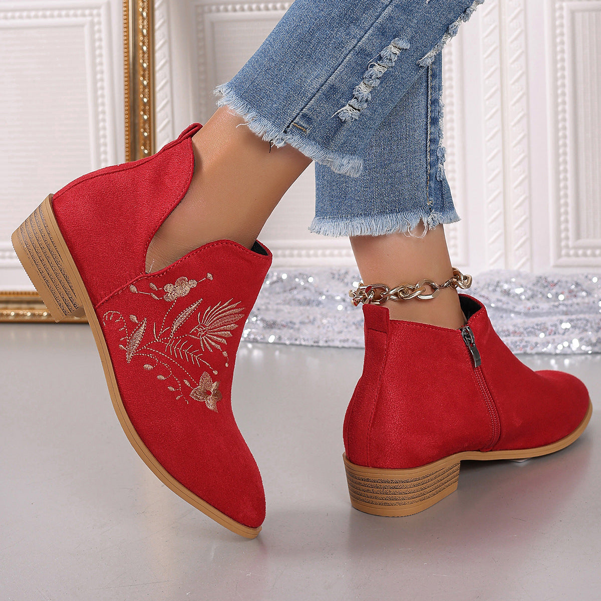 Embroidered Suede Point Toe Block Heel BootsIncludes: Box not included
Heel height: Low heels
Material: Elastomer, Suede
Imported
Product Measurements (Measurements by inches) &amp; Size Conversion

Size
Foot Embroidered Suede Point Toe Block Heel BootsEmbroidered Suede Point Toe Block Heel Boots