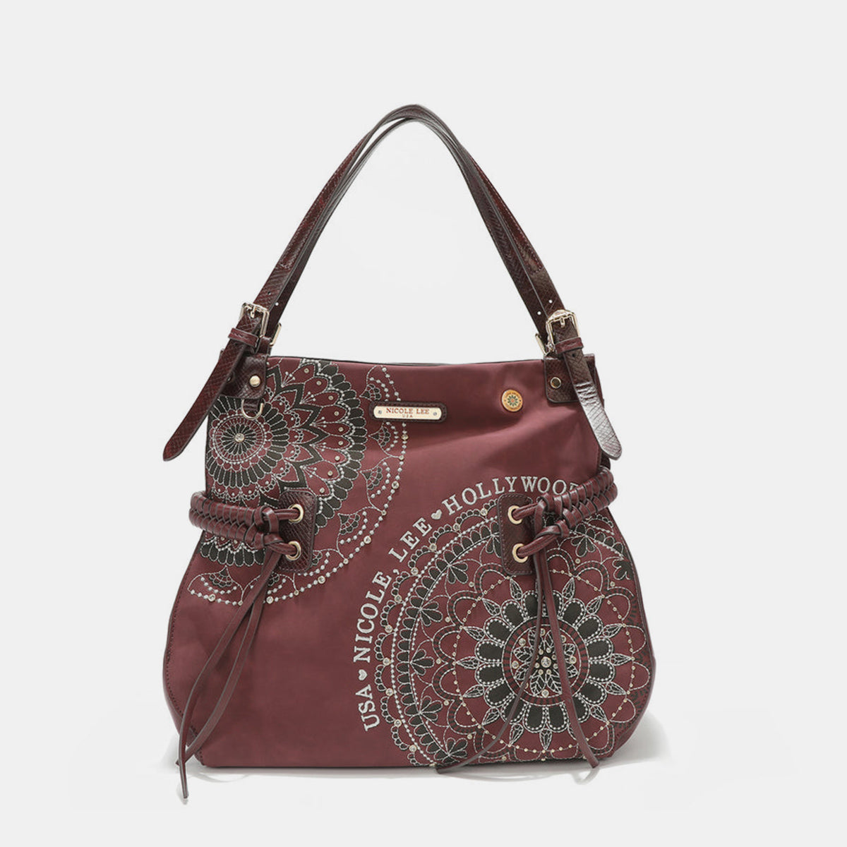 Nicole Lee USA Side Braided Tassel Inlaid Rhinestone Embroidery Hobo BEqually casual and chic, our hobo bag is an effortless fashion statement with its laid-back silhouette and expertly embroidered design.
Bag size: Medium
Material: VeNicole Lee USA Side Braided TasselNicole Lee USA Side Braided Tassel