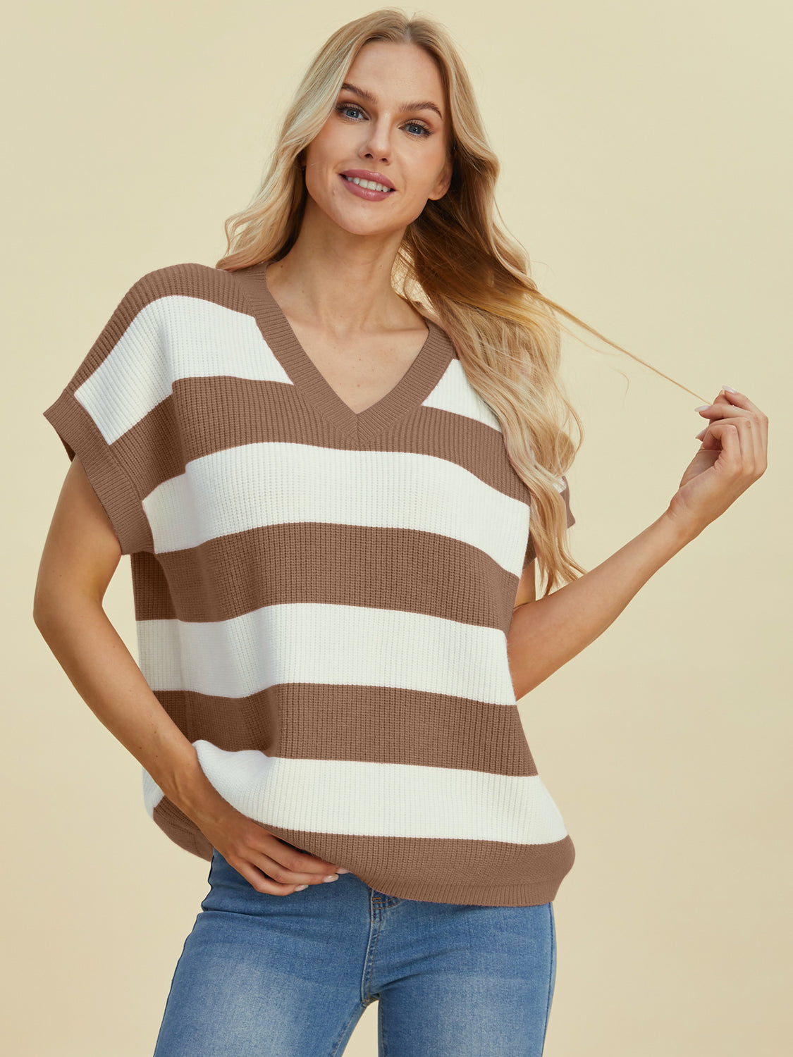 Double Take Full Size Striped V-Neck Short Sleeve SweaterFeatures: Basic style
Stretch: Moderate stretch
Material composition: 50% viscose, 29% polyester, 21% polyamide
Care instructions: Machine wash cold. Tumble dry low.-Neck Short Sleeve Sweater-Neck Short Sleeve Sweater