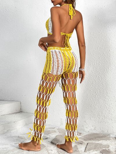 Cutout Halter Neck Top and Pants Two-Piece Swim SetFeatures: Cutout
Number of pieces: Two-piece
Chest pad: No padding
Underwire: No underwire
Stretch: Stretchy
Material composition: 100% acrylic
Care instructions: MaCutout Halter Neck TopCutout Halter Neck Top