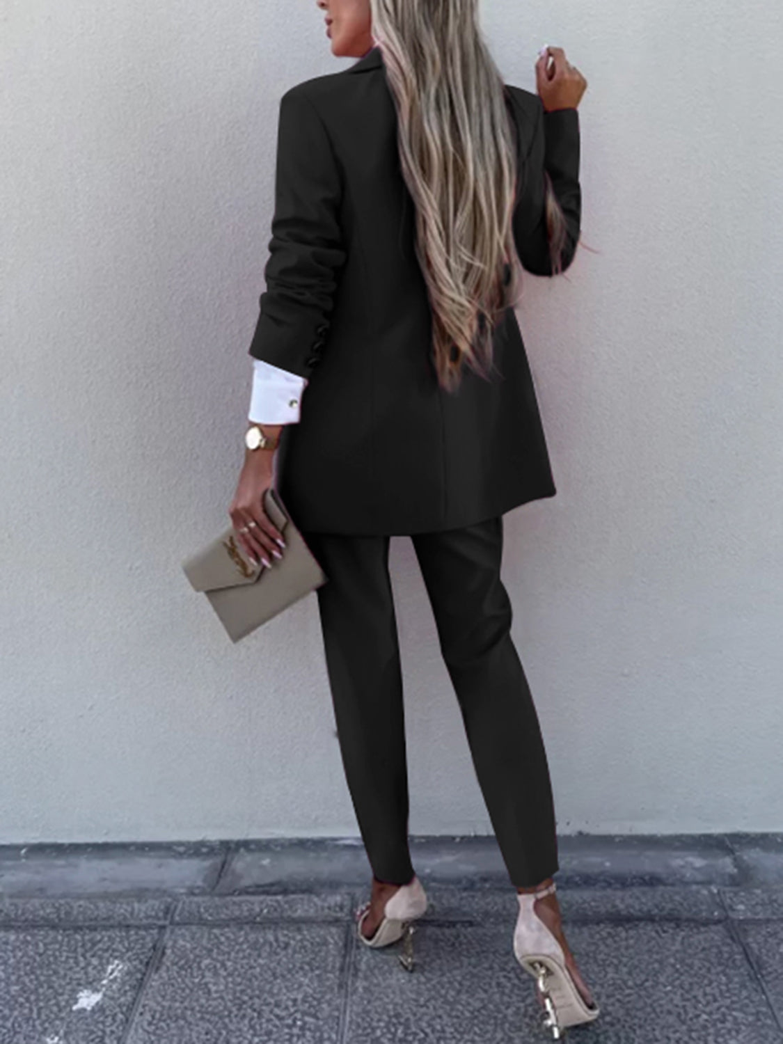 Lapel Collar Long Sleeve Blazer and Pants SetFeatures: Basic style
Number of pieces: Two-piece
Stretch: Slightly stretchy
Material composition: 95% polyester, 5% spandex
Care instructions: Machine wash cold. TuLapel Collar Long Sleeve BlazerLapel Collar Long Sleeve Blazer