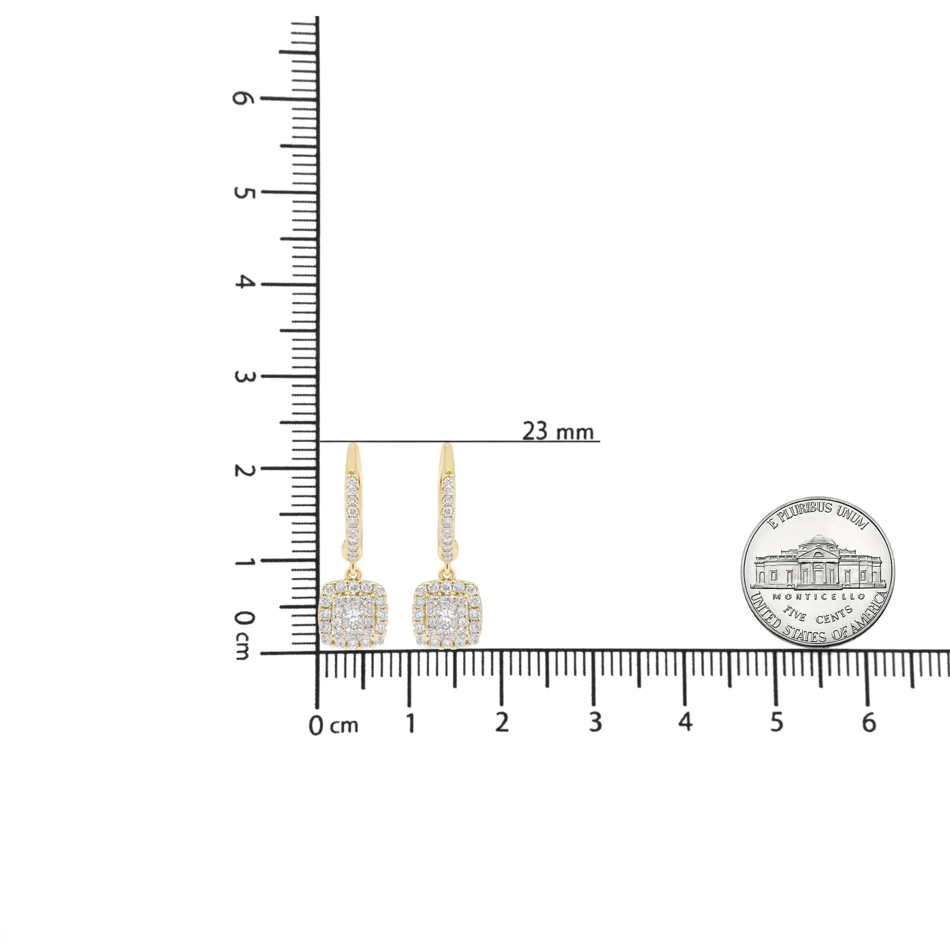 14K Yellow Gold 5/8 Cttw Invisible-Set Princess Diamond Square Halo DaLayer on the sparkle wearing these supremely divine double halo dangle earrings made from genuine 14k yellow gold. At the center of each earring is a gleaming prince14K Yellow Gold 58 Cttw Invisible-Set Princess Diamond Square Halo Dangle Earring 14K Yellow Gold 58 Cttw Invisible-Set Princess Diamond Square Halo Dangle Earring 