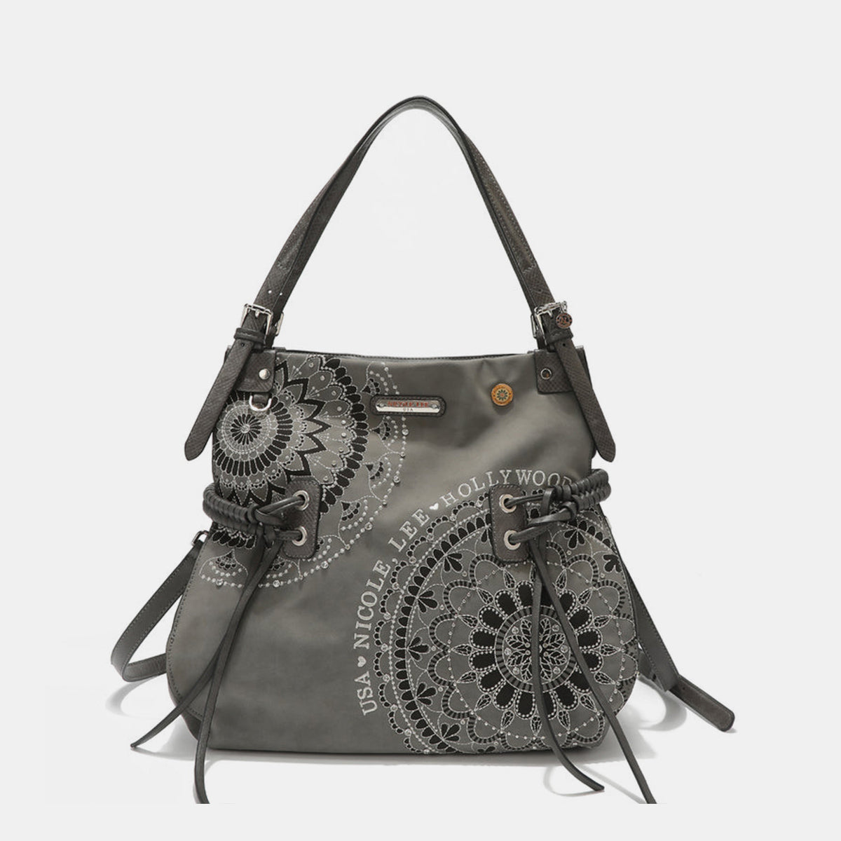 Nicole Lee USA Side Braided Tassel Inlaid Rhinestone Embroidery Hobo BEqually casual and chic, our hobo bag is an effortless fashion statement with its laid-back silhouette and expertly embroidered design.
Bag size: Medium
Material: VeNicole Lee USA Side Braided TasselNicole Lee USA Side Braided Tassel