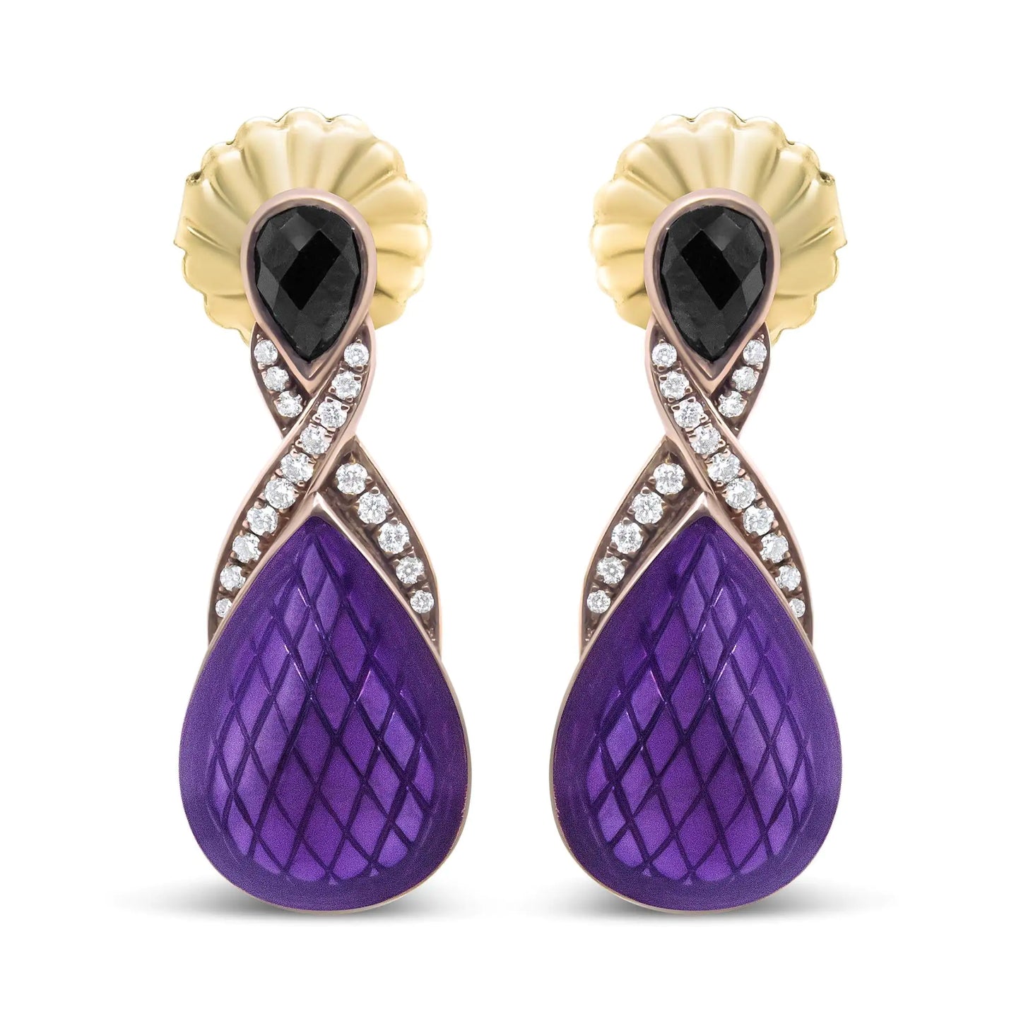 18K rose gold flash plated sterling silver purple drop earrings with black onyx, pave-set diamonds, and lattice pattern.