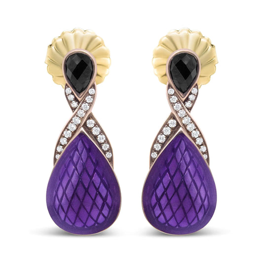 18K rose gold flash plated sterling silver purple drop earrings with black onyx, pave-set diamonds, and lattice pattern.