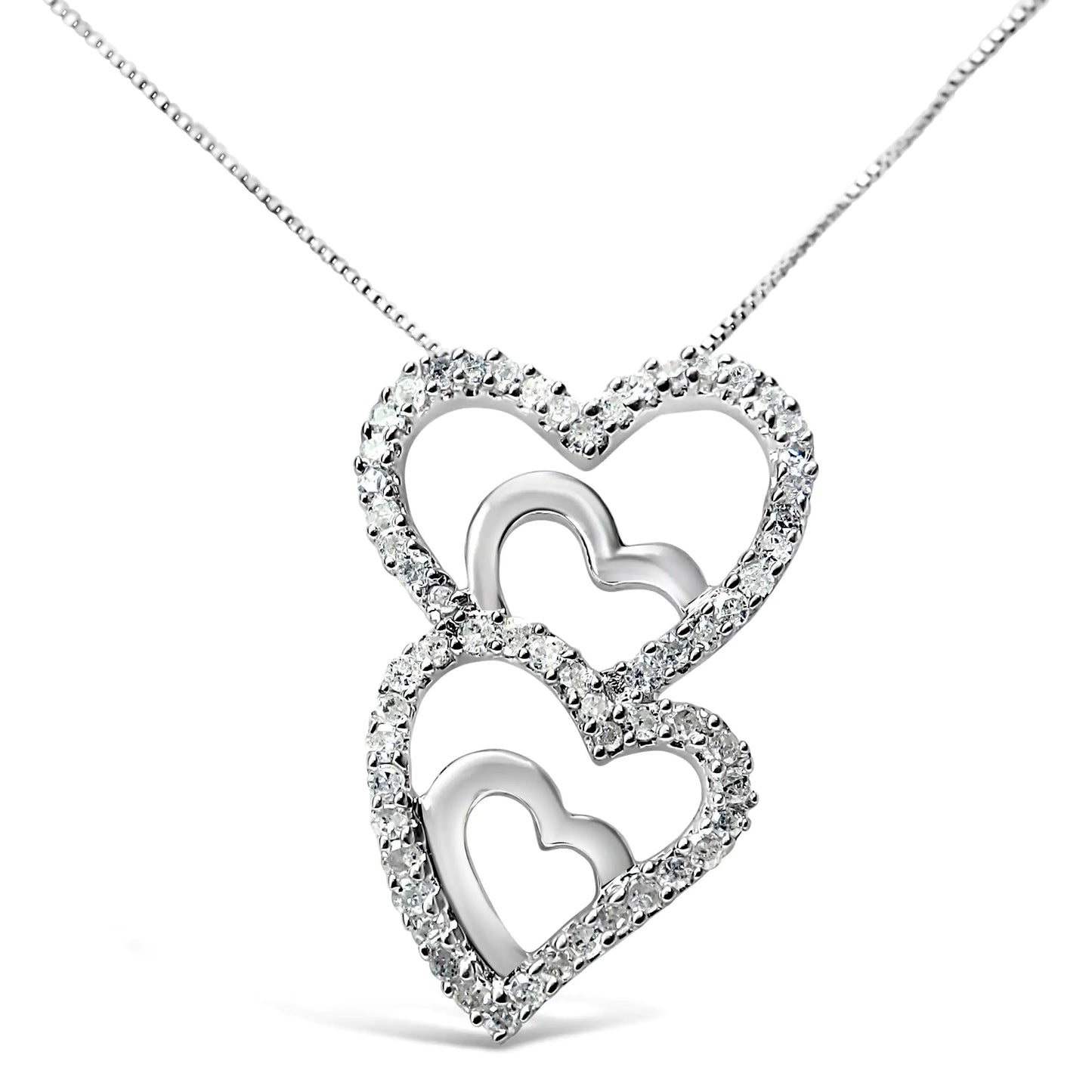 Sterling Silver Round Diamond Double Heart-in-Heart Pendant 18" NecklaAn enduring symbol of love, this double open heart pendant necklace glitters with diamonds in a heart over heart drop design. The delicate curves of this pendant areSterling Silver Round Diamond Double Heart-NecklaceSterling Silver Round Diamond Double Heart-