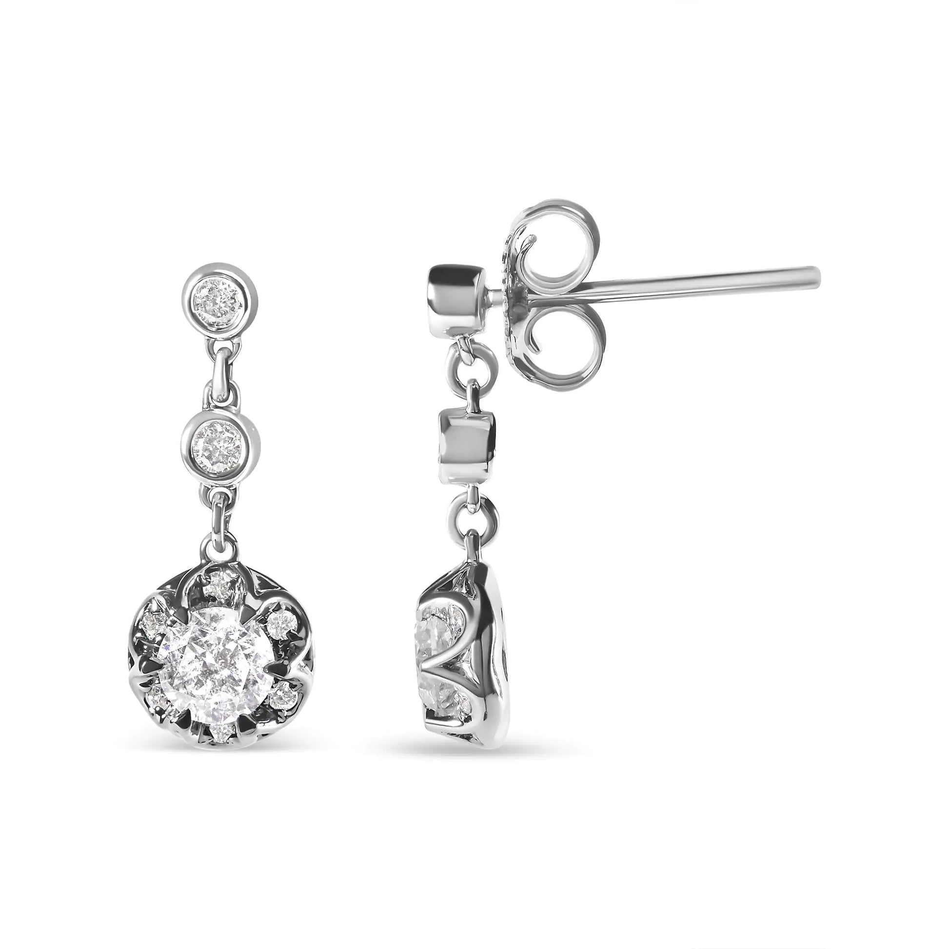 14k White Gold 5/8 Cttw Diamond Halo Drop and Dangle Earrings Stud witIndulge in the luxurious beauty of these 14k White Gold Diamond Halo Drop and Dangle Earrings. The exquisite design features a stunning array of 18 natural round dia14k White Gold 58 Cttw Diamond Halo DropEarrings14k White Gold 58 Cttw Diamond Halo Drop