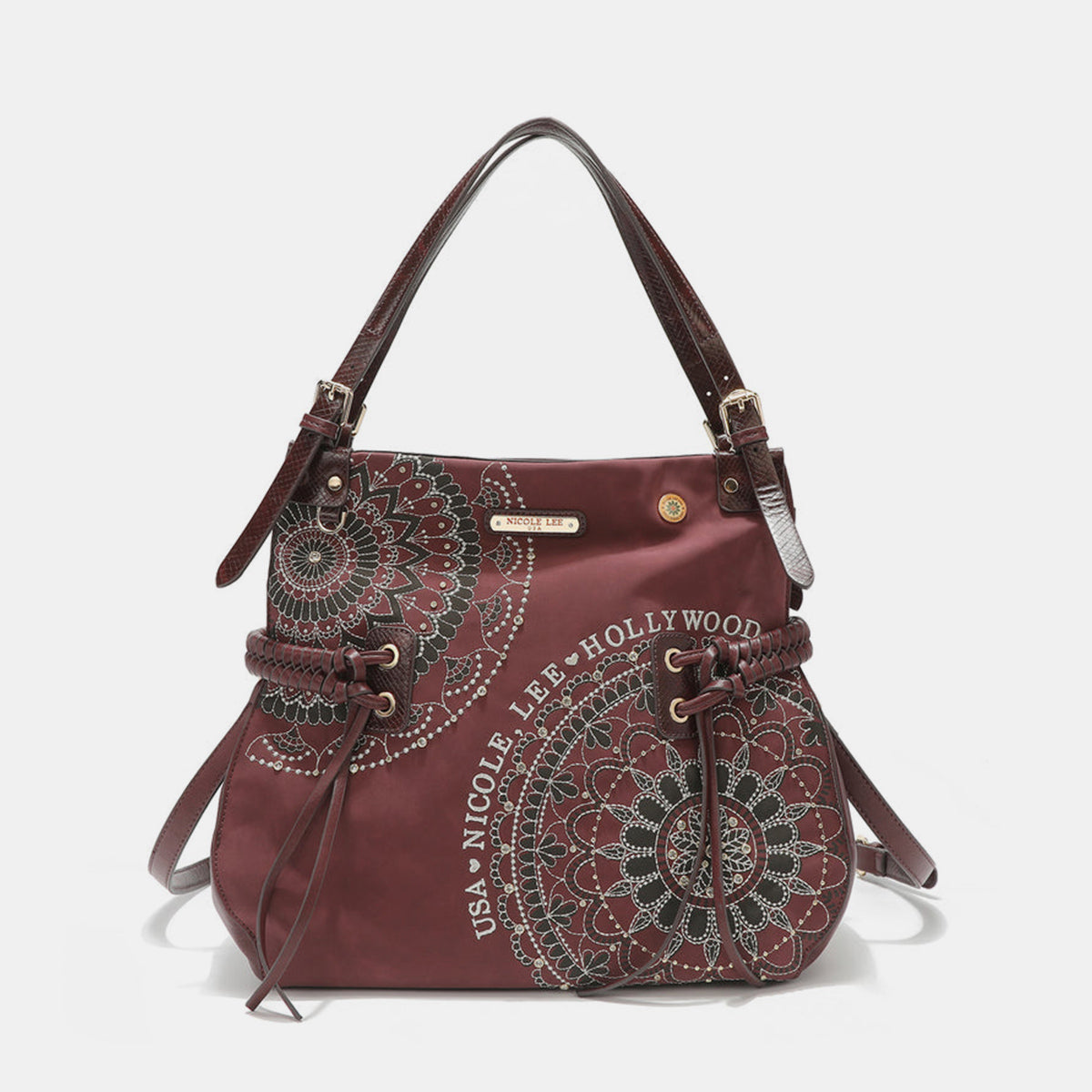 Nicole Lee USA Side Braided Tassel Inlaid Rhinestone Embroidery Hobo BEqually casual and chic, our hobo bag is an effortless fashion statement with its laid-back silhouette and expertly embroidered design.
Bag size: Medium
Material: VeNicole Lee USA Side Braided TasselNicole Lee USA Side Braided Tassel