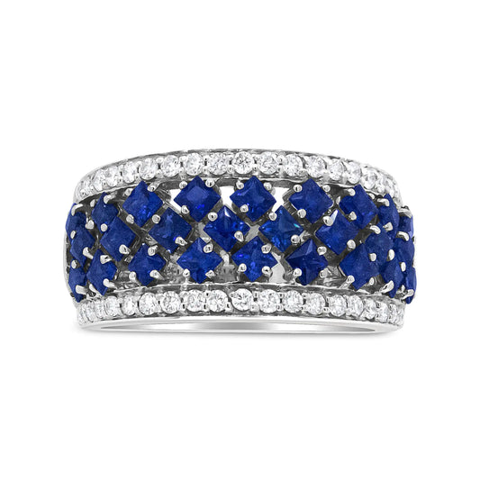 18K White Gold 3/8 Cttw Diamond and 2x2mm Princess Cut Blue Sapphire FCrafted in genuine 18k white gold, this luxury fashion ring is elegant and refined in sparkling delight. Twenty-six 2x2mm princess-cut color-treated blue sapphires p18K White Gold 38 Cttw Diamond18K White Gold 38 Cttw Diamond