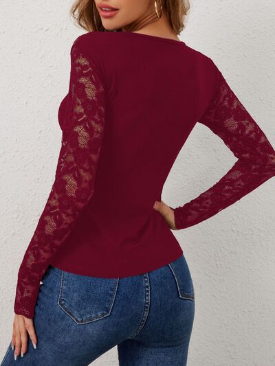 Lace Wavy Hem V-Neck Long Sleeve TopFeatures: Basic style
Sheer: Semi-sheer
Stretch: Slightly stretchy
Material composition: 95% polyester, 5% elastane
Care instructions: Machine wash cold. Tumble dry long sleeve shirtslong sleeve shirts