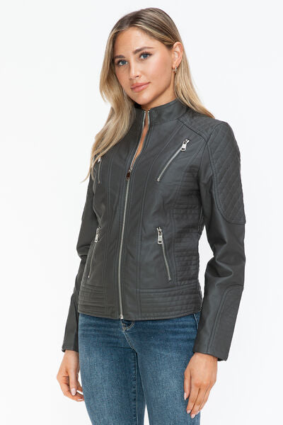 Snobbish Faux Leather Zip Up Mock Neck JacketThe Faux Leather Zip Up Mock Neck Jacket is a sleek and versatile outerwear piece. Made from durable faux leather, this jacket features a stylish mock neck design anSnobbish Faux Leather ZipSnobbish Faux Leather Zip