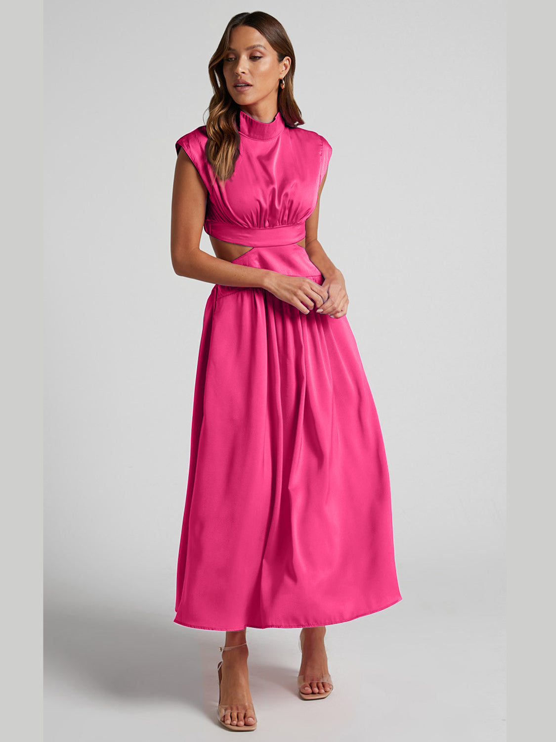 Cutout Mock Neck Sleeveless Ruched DressFeatures: Cutout
Sheer: Opaque
Stretch: Slightly stretchy
Body: Not lined
Material composition: 95% polyester, 5% spandex
Care instructions: Machine wash cold. TumblCutout Mock Neck Sleeveless Ruched DressCutout Mock Neck Sleeveless Ruched Dress