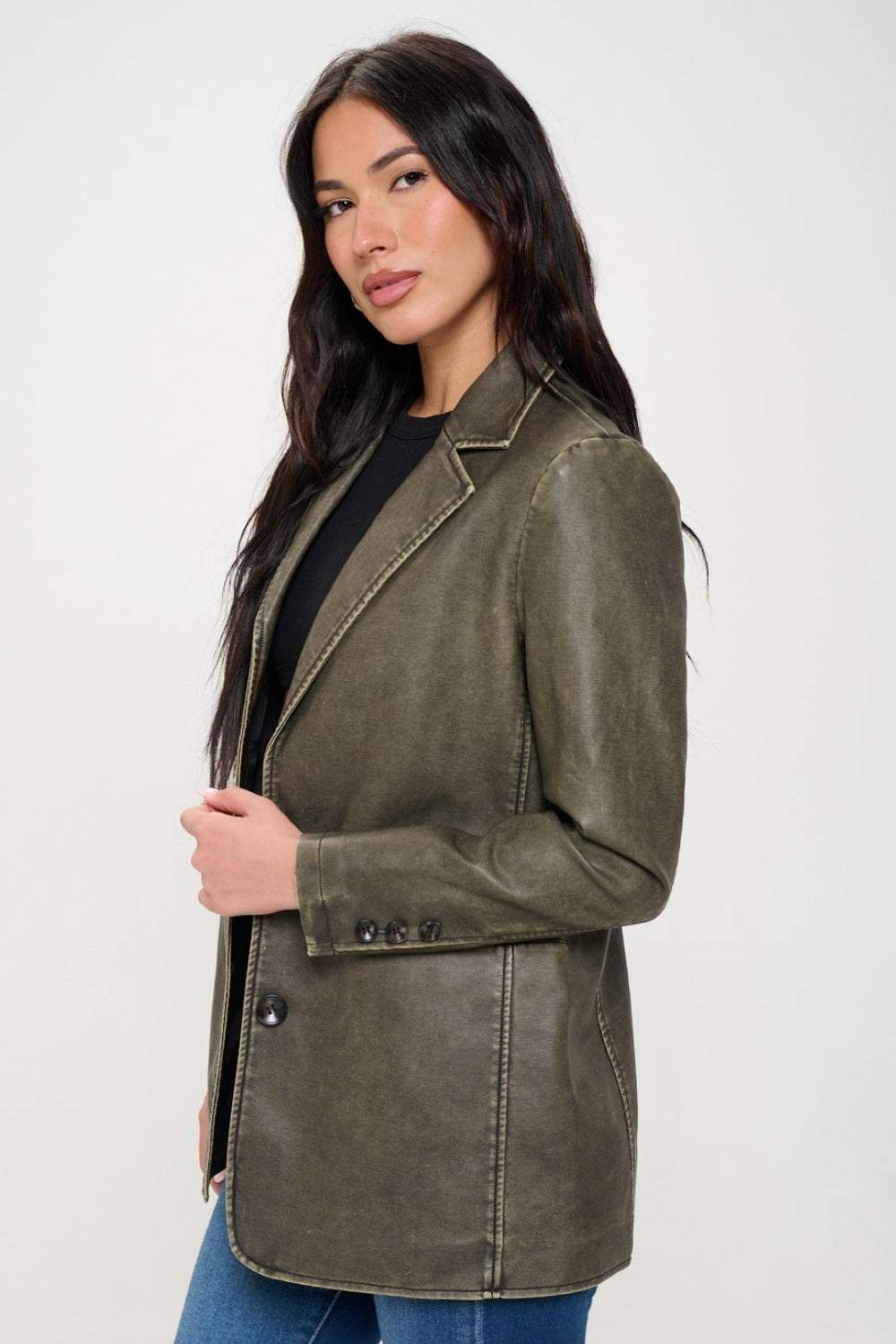 Coalition LA Single-Breasted Vegan Leather BlazerThis single-breasted vegan leather blazer offers a sleek and stylish look. Made from cruelty-free materials, it's a chic and ethical choice. Perfect for adding a touCoalition LA Single-Breasted Vegan Leather BlazerCoalition LA Single-Breasted Vegan Leather Blazer