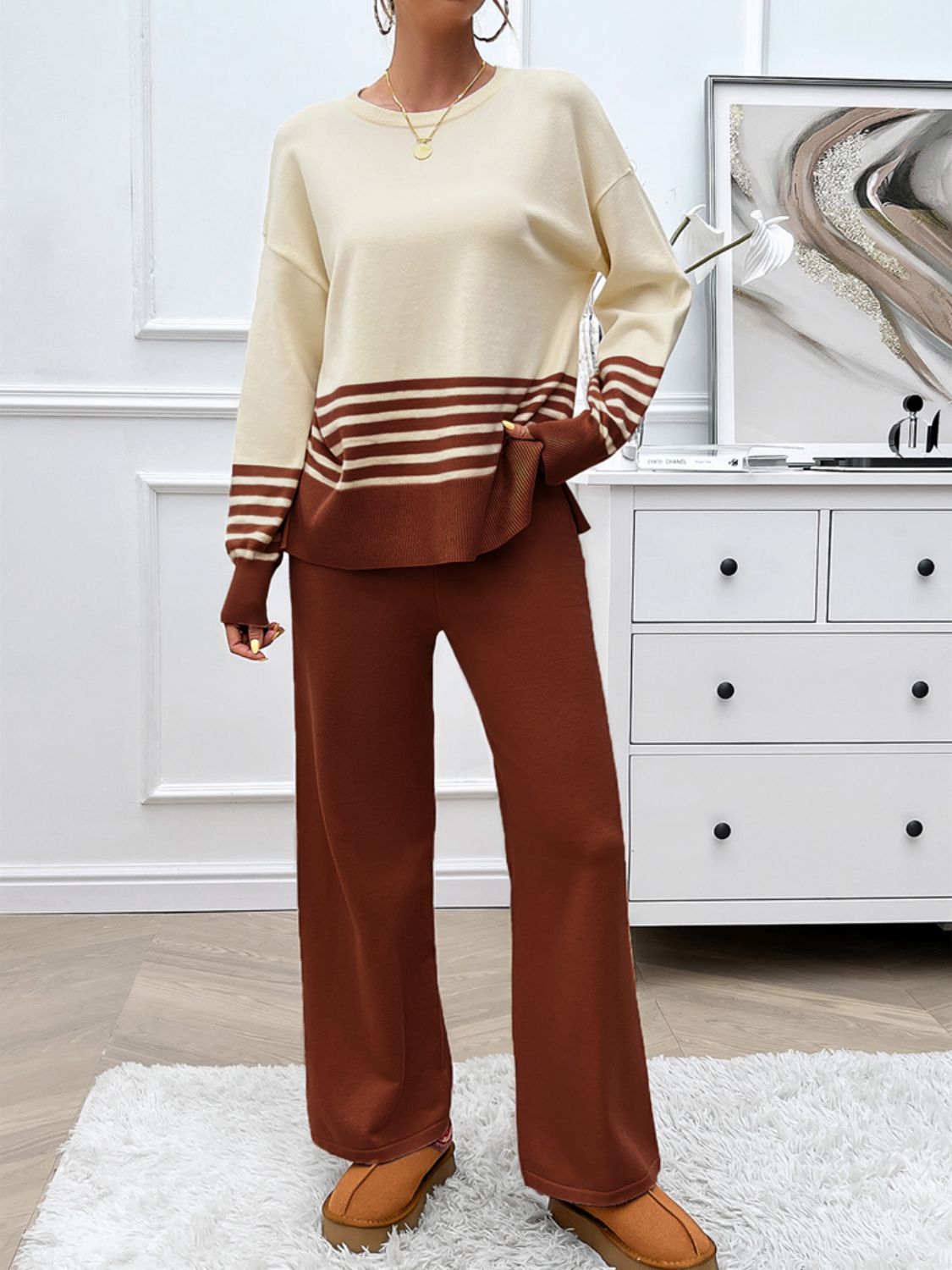 Devine Slit Striped Round Neck Top and Pants Sweater SetFeatures: Slit
Number of pieces: Two-piece
Stretch: Slightly stretchy
Material composition: 74% acrylic, 22% polyester, 4% elastane
Care instructions: Machine wash cDevine Slit Striped Round Neck TopDevine Slit Striped Round Neck Top