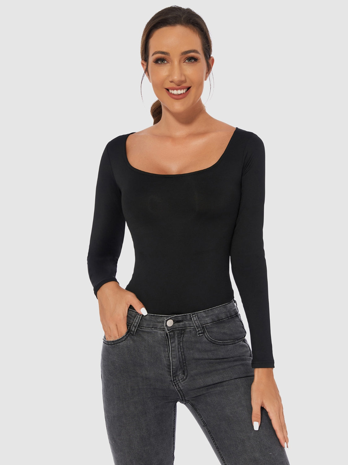 Full Size Scoop Neck Long Sleeve BodysuitFeatures: Basic style
Sheer: Opaque
Stretch: Slightly stretchy
Material composition: 65% polyester, 35% elastane
Care instructions: Machine wash cold. Tumble dry lowFull Size Scoop Neck Long Sleeve BodysuitFull Size Scoop Neck Long Sleeve Bodysuit