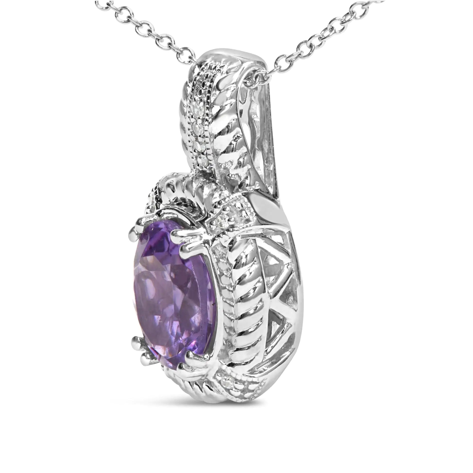 Sterling Silver Purple Amethyst Drop Pendant Necklace with Diamond Accents – Elegant and Timeless