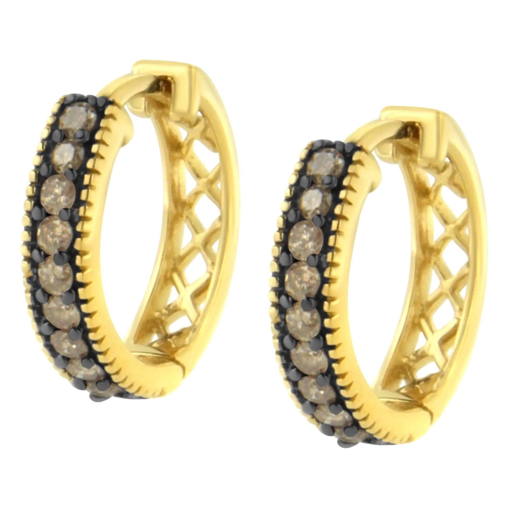 10K Yellow Gold and Black Rhodium 1/2 Cttw Lattice Back Cutout and RouYou will adore these trendy and chic diamond hoop earrings that are the perfect addition to any jewelry collection. Created in the finest 10k yellow gold, this fabul10K Yellow Gold10K Yellow Gold