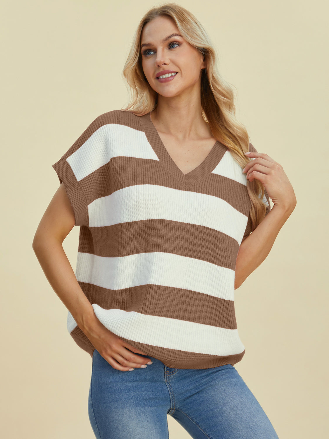 Double Take Full Size Striped V-Neck Short Sleeve SweaterFeatures: Basic style
Stretch: Moderate stretch
Material composition: 50% viscose, 29% polyester, 21% polyamide
Care instructions: Machine wash cold. Tumble dry low.-Neck Short Sleeve Sweater-Neck Short Sleeve Sweater