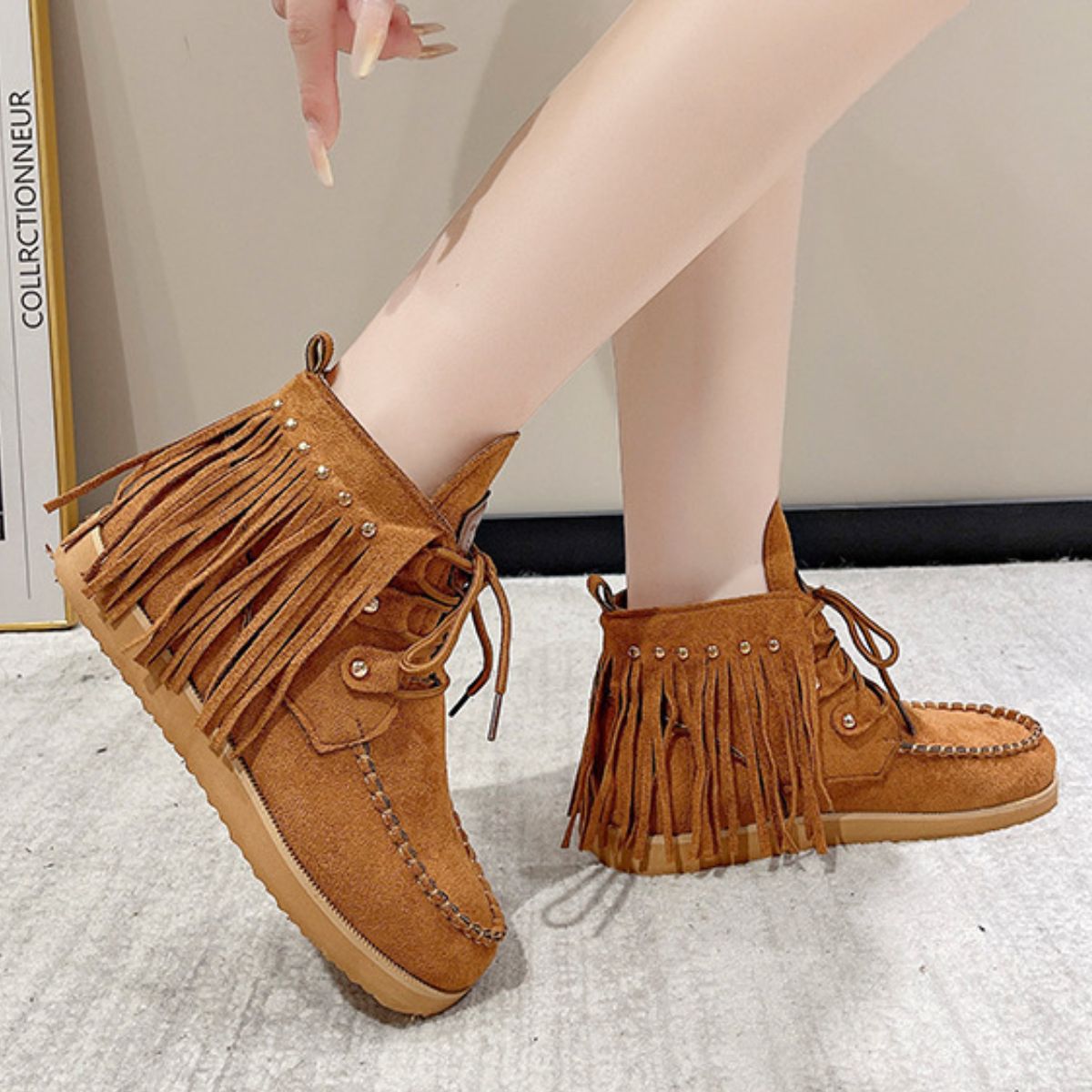 Fringe Studded Round Toe Canvas BootsIncludes: Box not included
Heel height: Flats
Material: Canvas, Rubber
Imported
Product Measurements (Measurements by inches) &amp; Size Conversion

Size
Foot lengthFringe Studded Round Toe Canvas BootsFringe Studded Round Toe Canvas Boots