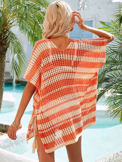 Angel Wings Tassel Openwork Striped V-Neck Cover UpFeatures: Openwork, Slit
Sheer: Semi-sheer
Stretch: Moderate stretch
Material composition: 100% polyester
Care instructions: Machine wash cold. Tumble dry low.
ImporAngel Wings Tassel Openwork StripedAngel Wings Tassel Openwork Striped